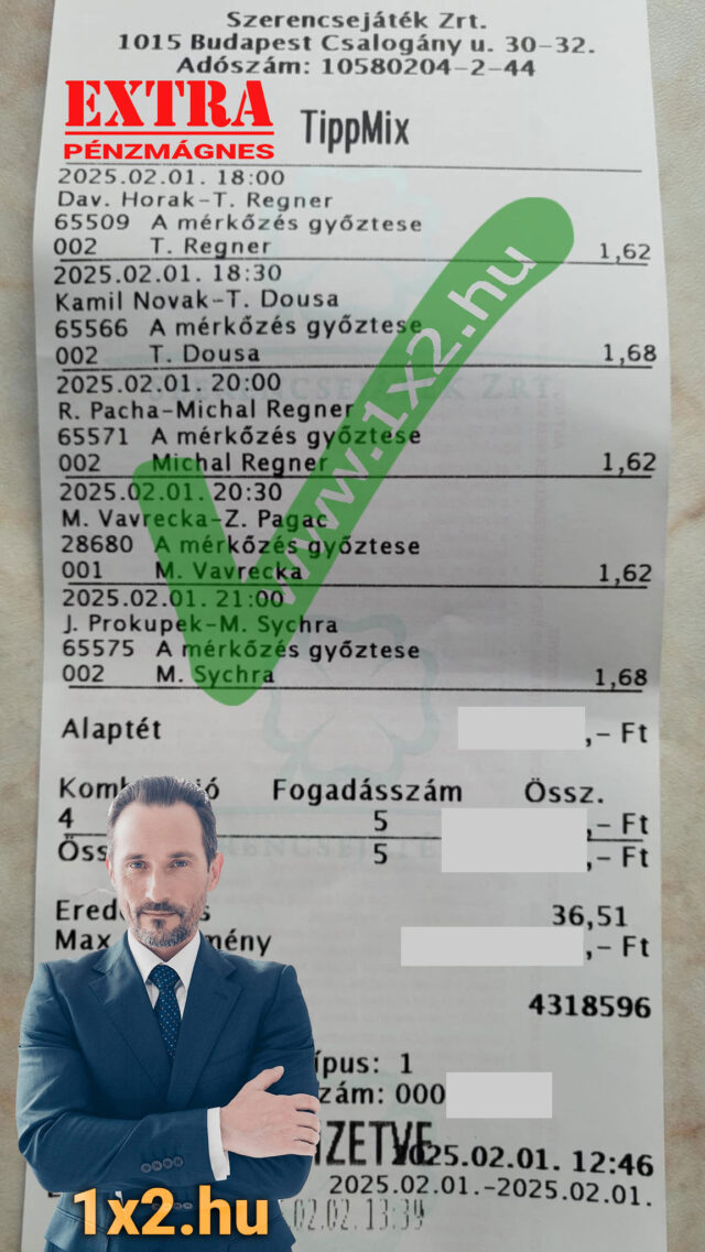 Tippmix szelvény részletei egy sportfogadási tippoldalon. A kép az 1x2.hu weboldalt és egy férfit mutat, utalva a Tippmix tippek és sportfogadás tippek fontosságára. Ideális ingyenes Tippmix tippek keresésére.