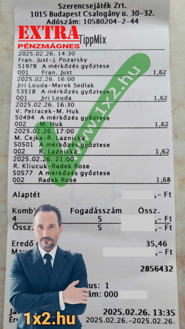 Egy Tippmix szelvény látható, különféle sporteseményekkel és szorzókkal. Az 1x2.hu felirat és egy hivatalos személy képe kiegészíti a szelvényt. Sportfogadás tippek, ingyenes Tippmix tippek találhat