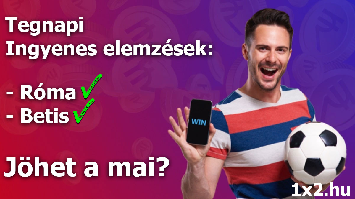 Férfi mosolyog, kezében focilabda és telefon, háttérben szöveg: Tegnapi Ingyenes elemzések: Róma, Betis. Jöhet a mai? SEO: Tippmix tippek, sportfogadás tippek, ingyenes Tippmix tippek, sportfog