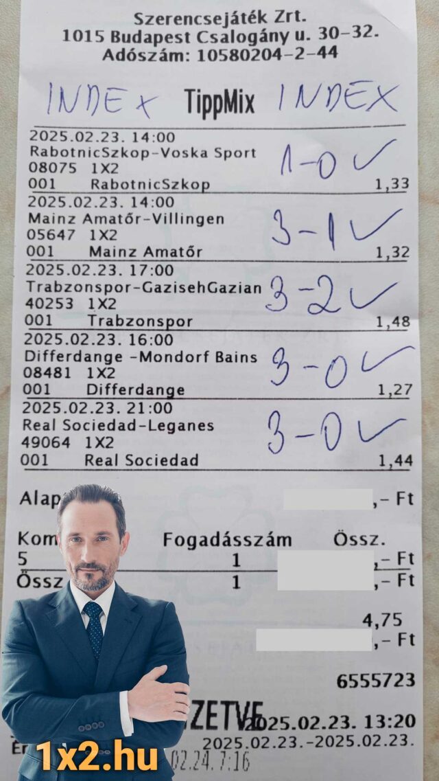 Tippmix szelvényen sportfogadási tippek találhatók, kihangsúlyozva a sikert. Látogass el az 1x2.hu oldalra ingyenes Tippmix tippekért! Kulcsszavak: Tippmix tippek, sportfogadás tippek, ingyenes Tipp