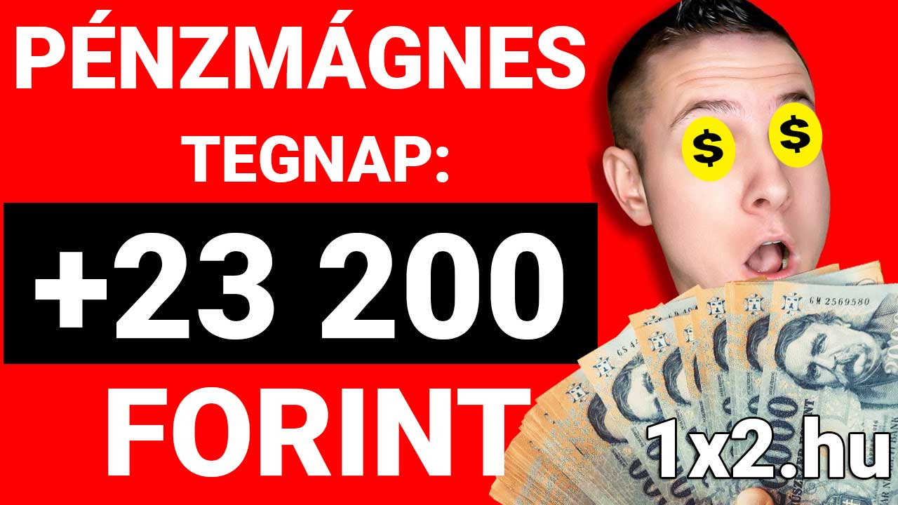 Egy férfi izgatottan tart forint bankjegyeket, miközben a háttérben a Pénzmágnes tegnap: +23 200 forint felirat látható. Tippmix tippek, sportfogadás tippek és ingyenes Tippmix tippek kínálnak nyerési