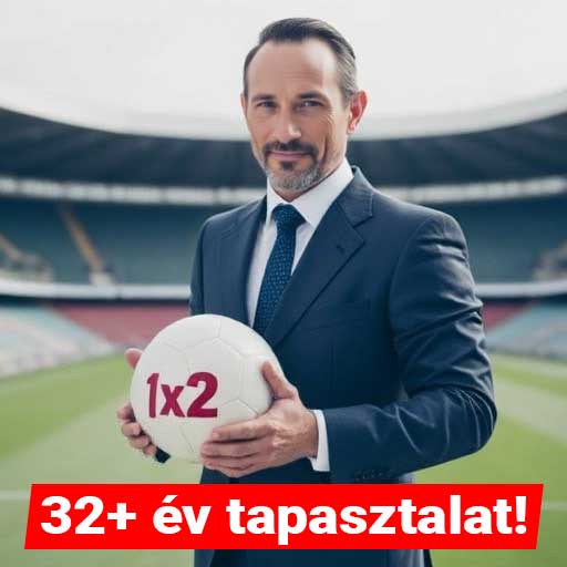 Egy elegáns öltönyt viselő férfi egy stadionban labdát tart, amelyre 1x2 van írva. Szöveg: 32+ év tapasztalat! Ideális sportfogadás tippet keresőknek, kiemelve a Tippmix tippek és ingyenes Tipp