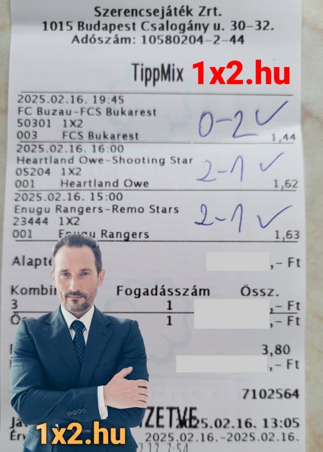 Egy Tippmix szelvény látható, melyen több mérkőzés eredménye van bejelölve. Az előtérben egy öltönyös férfi áll az 1x2.hu logóval. Kulcsszavak: Tippmix tippek, sportfogadás tippek, ingyen