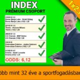 Zöld háttéren kiemelt Tippmix tippek listája látható, melyek sportfogadási tippeket kínálnak. A kép alján az ODDS: 6,12 esélyek és egy szöveg jelzi a több mint 32 éves sportfogadási tapasztalatot.