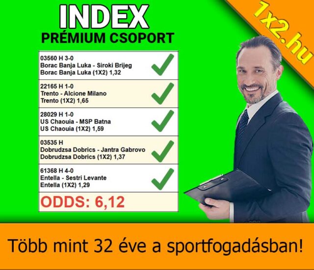 Zöld háttéren kiemelt Tippmix tippek listája látható, melyek sportfogadási tippeket kínálnak. A kép alján az ODDS: 6,12 esélyek és egy szöveg jelzi a több mint 32 éves sportfogadási tapasztalatot.