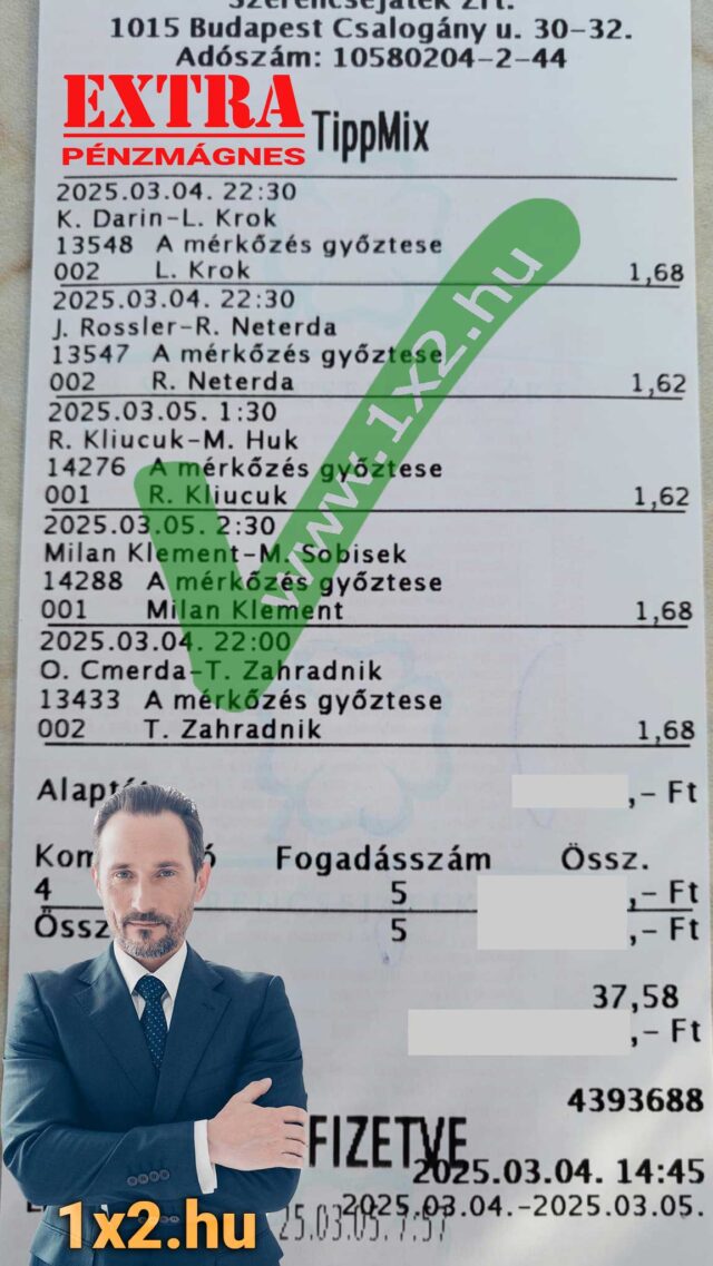 Ezen a képen egy Tippmix szelvény látható különböző sporteseményekkel és oddsokkal. Az Extra Pénzmágnes felirat, egy öltönyös férfi és a 1x2.hu weboldal logója is szerepel rajta. Tippmix