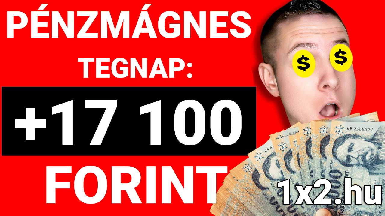 Pénzmágnes plakát: egy férfi arcát látjuk pénzes szemüveggel, kezében köteg 2000 forintos bankjeggyel. Szöveg: Pénzmágnes tegnap: +17 100 forint. Fedezd fel a Tippmix tippek, sportfogadás