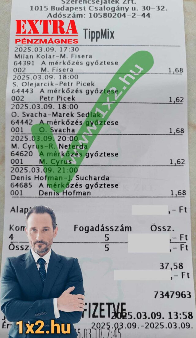 Tippmix szelvény sportfogadási tippekkel, kiemelve a mérkőzés győztesei. Fókuszban a nyerő esélyek és az ingyenes Tippmix tippek. Ideális azoknak, akik megbízható sportfogadási tippeket keresnek