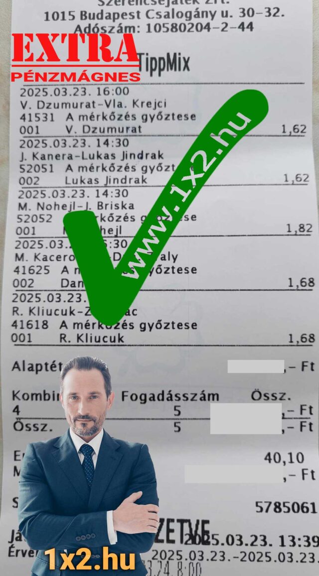 Sportfogadási szelvény profi öltözetű emberrel, amelyen nagy zöld pipa és 1x2.hu felirat látható. Izgalmas Tippmix tippek és sportfogadás tippek várnak rád, fedezd fel az ingyenes Tippmix ajánlásokat!