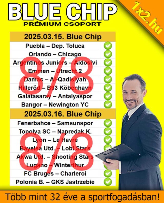 Blue Chip prémium csoport sportfogadás tippjei: 8/8 találat. Fedezze fel a Tippmix tippek előnyeit és csatlakozzon hozzánk ingyenes sportfogadás tippekért. Több mint 32 év tapasztalat a sportfogadás terén!