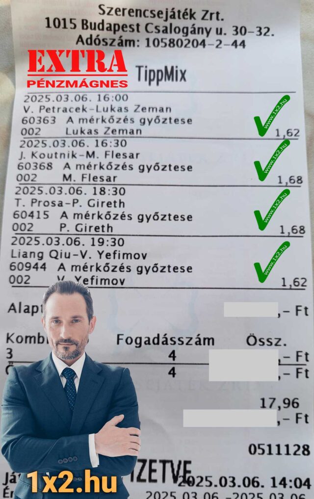 Sportfogadási szelvény kiszámolt nyertes találatokkal és egy elegáns férfi képe alul, 1x2.hu logóval. Fedezd fel a legjobb Tippmix tippeket és ingyenes sportfogadás tippeket a sikeres játékhoz.