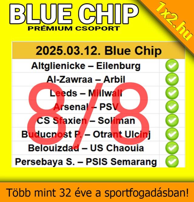 Tippmix tippek és sportfogadás tippek a Blue Chip Prémium Csoporttól. Ingyenes Tippmix tippek minden nap, több mint 32 éves tapasztalattal. Tapasztalt sportfogadók ajánlásai a sikeres fogadásokhoz.