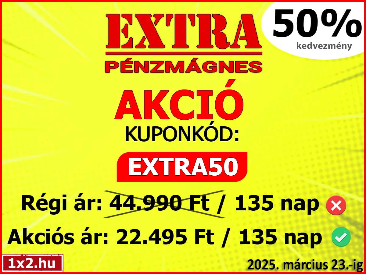 Sárga háttéren akciós ajánlat a sportfogadás kedvelőinek 50% kedvezménnyel. A Tippmix tippek szolgáltatás most 22.495 Ft-ért elérhető 135 napra, az EXTRA50 kuponkóddal. Érvényes: 2025