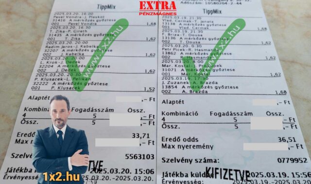 Kép egy Tippmix szelvényről, amelyen sportfogadás tippek és eredmények láthatók. A 1x2.hu logó és egy üzletember képe emeli ki az ingyenes Tippmix tippek fontosságát a sikeres fogadásokhoz.
