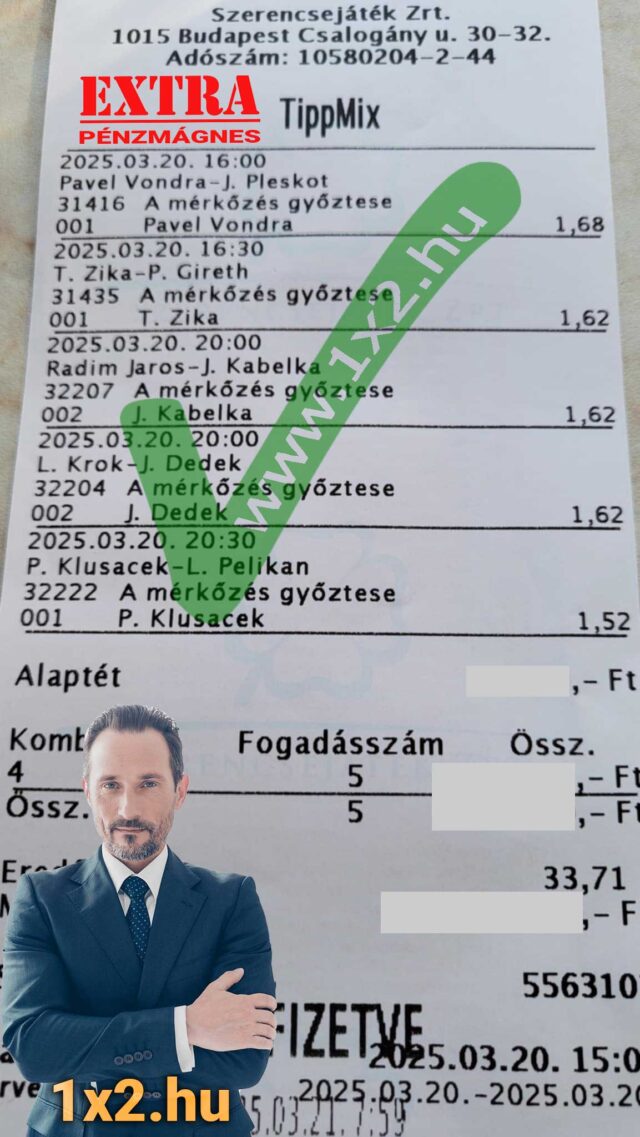 Egy Tippmix szelvény látható különböző sportfogadási eseményekkel és szorzókkal, amit egy elegáns öltönyt viselő férfi egészít ki az alján. Ideális tippadók számára, akik ingyenes Tippmix tippekre vágynak a