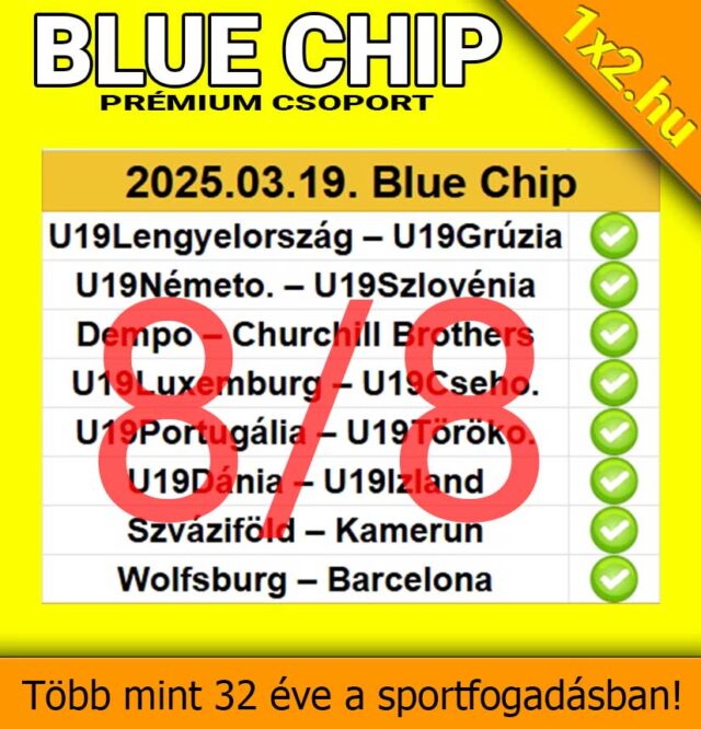 Ez a kép a Blue Chip Prémium Csoport Tippmix tippeket tartalmazza sportfogadók számára, kiemelvén a 8/8 találati arányt. Fókuszban a sportfogadás tippek, ami segíthet a nyerésben. Jó választás azoknak,