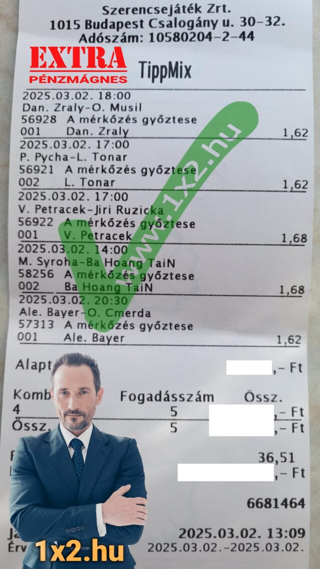 Sportfogadási szelvény Tippmix tippekkel. Az események és esélyszámok áttekintése előnyös sportfogadás-taktikákra. Ingyenes Tippmix tippek keresőknek a kép alján található weboldal hirdeti magát: 1x2.hu.