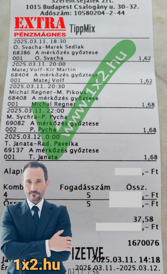 Ezen a képen egy Tippmix szelvény látható, amely sportfogadás tippeket tartalmaz. A háttérben a 1x2.hu oldalon elérhető ingyenes Tippmix tippek promóciója is megjelenik.