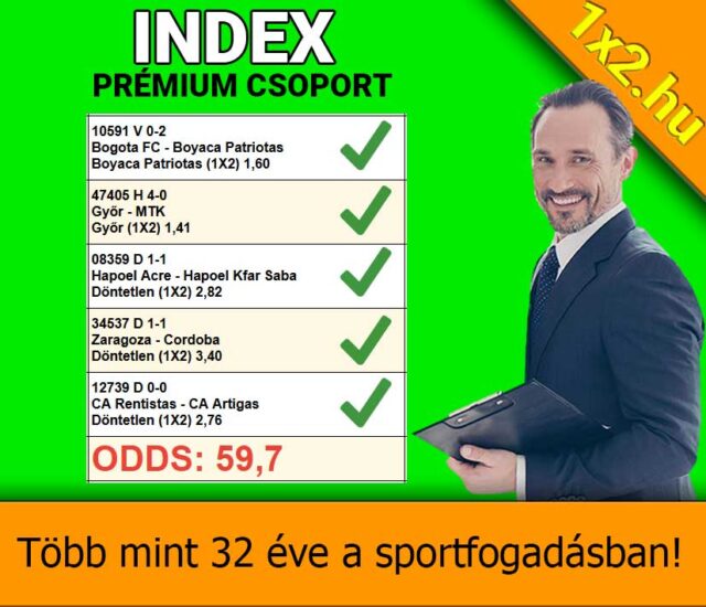 Zöld háttér előtt egy mosolygó férfi látható, mellette Tippmix tippek és sportfogadás eredmények ellenőrzőlistája kockákban. Az alsó szöveg hirdeti a több mint 32 éves sportfogadási tapasztalatot. Kulcsszavak: Tipp