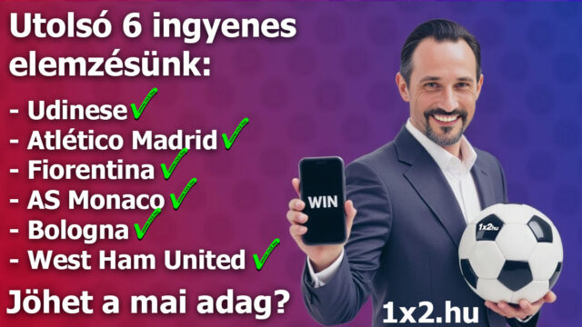 Férfi mosolyog, kezében telefonnal és focilabdával. Szöveg: Utolsó 6 ingyenes elemzés: Udinese, Atlético Madrid, Fiorentina, AS Monaco, Bologna, West Ham United. Hasznos sportfogadás tippek és ingyenes Tippmix tippek várnak