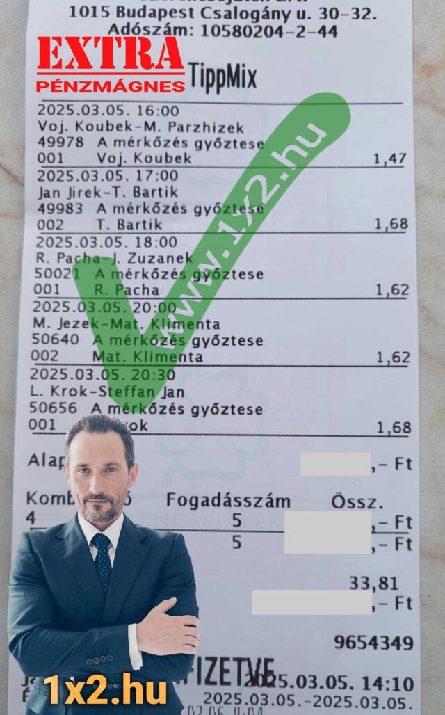 Ezen a képen egy Tippmix szelvény látható különböző sporteseményekkel. Kulcsszavak: Tippmix tippek, sportfogadás tippek, ingyenes Tippmix tippek, sportfogadás. Az oldal alján egy férfi képe és a 1x2.hu