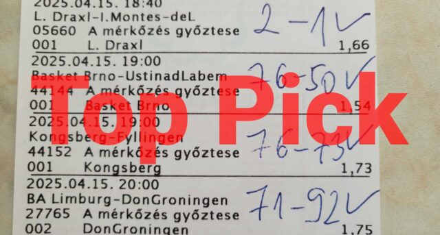 Sportfogadás szelvény képe kézírással és nagy piros Top Pick felirattal. A szelvényen található mérkőzés eredmények Tippmix tippek és sportfogadás tippek számára készültek. Fedezd fel az ingyenes Tippmix tippeket!