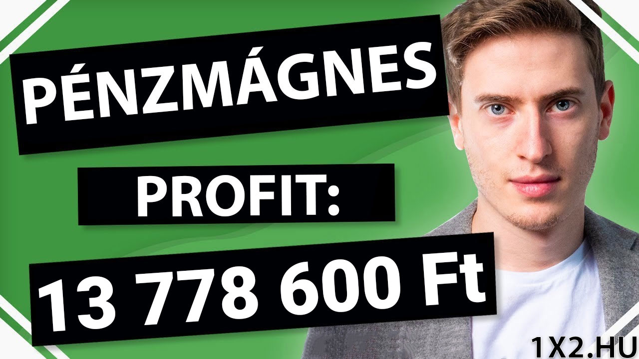 Fiatal férfi egy zöld hátterű képen, ahol a Pénzmágnes és Profit: 13 778 600 Ft feliratok láthatók. Fedezd fel a legjobb Tippmix tippeket, sportfogadás tippek és ingyenes Tippmix tippek világa