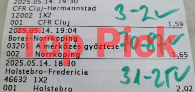 Sportfogadási szelvény kiszámított eredménnyel és pirossal kiemelt Top Pick felirattal. Fedezd fel a legjobb Tippmix tippeket és profitálj ingyenes sportfogadás tippek segítségével.