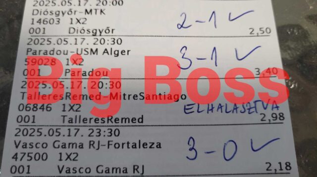 Sportfogadói szelvény Tippmix tippekkel. Eredmények kézzel írva, piros Big Boss felirat. Fedezze fel ingyenes Tippmix és sportfogadás tippek kínálatát, hogy javítsa esélyeit a sikerre.
