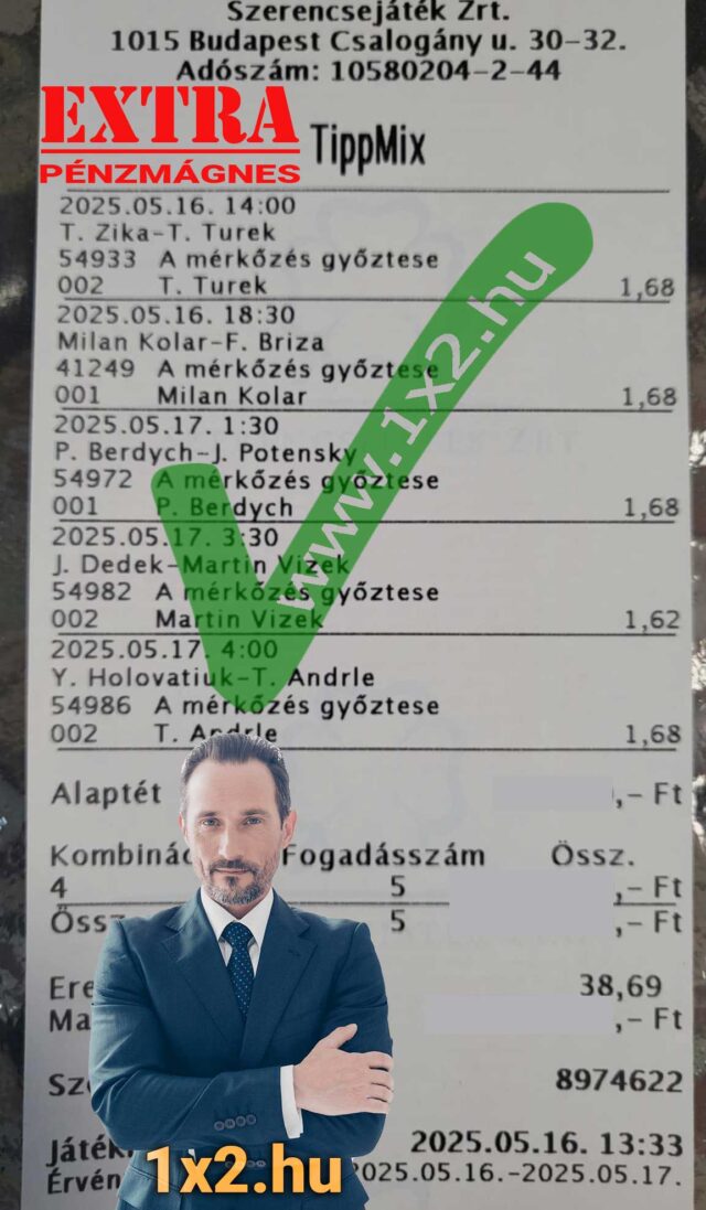 Tippmix szelvény és egy üzleti öltönyös férfi képe. A képen szereplő események időpontjai és eredményei is olvashatók. Tökéletes választás azoknak, akik sportfogadás tippeket keresnek. Ingyenes Tippmix tippek
