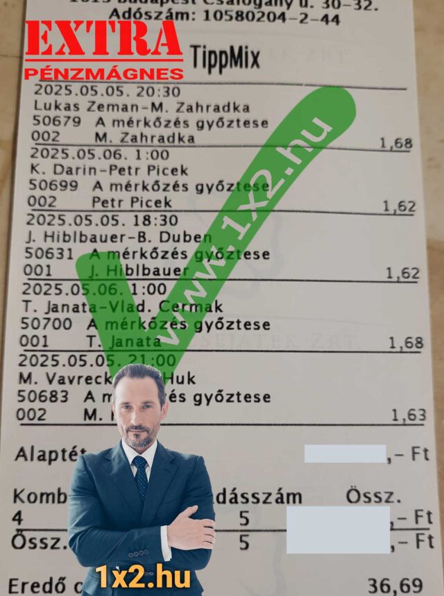 Tippmix szelvény és elegáns öltönyös férfi, 1x2.hu logóval. Kiemelve a sportfogadási tippek és a nyeremények. Használjon ingyenes Tippmix tippeket a sportfogadások sikeréhez! EXTRA PÉ