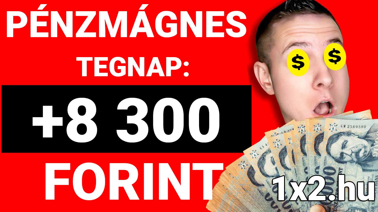 Piros háttér előtt egy örömteli férfi látható, aki forint bankjegyeket tart, míg szemét dollárjelek takarják. A kép felirata: „Pénzmágnes tegnap: +8 300 forint”. Fedezd fel a legjobb Tippmix tippe