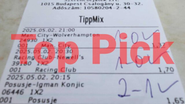 Egy Tippmix szelvény látható, amelyen sportfogadási események szerepelnek. Kiemelkedő választás tehető átlátszó piros Top Pick szöveg alatt, hasznos lehet azoknak, akik ingyenes Tippmix tippeket és sportfogadás tip