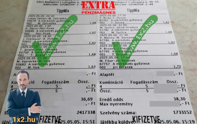 Két Tippmix szelvény látható, mindkettő nyertes sportfogadásokat mutat. Az extra és pénz mágnes szavak, valamint egy öltönyös férfi képe is szerepel rajta. A kép a sikeres Tippmix tippek eredményét szem