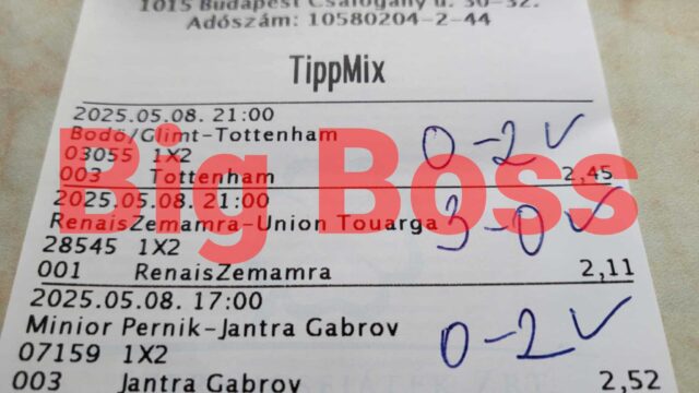 Egy Tippmix szelvény látható, rajta kézzel írt eredményekkel és egy Big Boss felirattal. Keress sportfogadás tippeket, ingyenes Tippmix tippeket, és javíts esélyeidet a fogadásoknál!