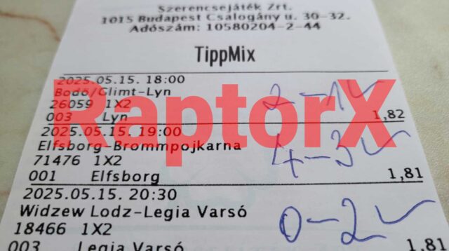 Tippmix tippek egy sportfogadási szelvényen, dátumokkal és mérkőzésekkel. Az ingyenes Tippmix tippek és sportfogadás tippek segíthetnek a sikeres fogadásban. A kép középpontjában a RaptorX felirat láthat