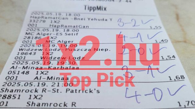 Tippmix szelvény sportfogadási tippekkel. A képen kézzel írt számok és eredmények láthatók, kiemelve az 1x2.hu weboldal neve. Próbálja ki az ingyenes Tippmix tippeket sportfogadásához!