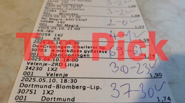 Sportfogadási szelvény képe kézzel írt eredményekkel és Top Pick felirattal. Fedezd fel a legjobb Tippmix tippeket most! Ingyenes Tippmix tippek a sikeres sportfogadás érdekében.