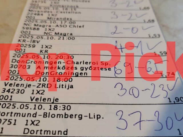 Sportfogadási szelvény képe kézzel írt eredményekkel és Top Pick felirattal. Fedezd fel a legjobb Tippmix tippeket most! Ingyenes Tippmix tippek a sikeres sportfogadás érdekében.