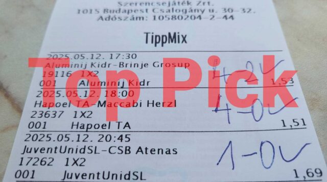 Tippmix szelvény részlete látható, amelyen fogadási események és eredmények szerepelnek, piros Top Pick felirattal. Hasznos Tippmix tippek és sportfogadás tippek segíthetnek a jobb eredmények elérésében. Ne hagyd ki az ingyen