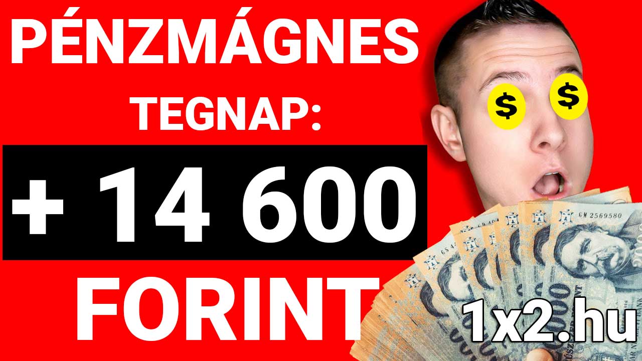 Férfi meglepett arccal pénzt tart a kezében, mellette a Pénzmágnes felirat és +14 600 forint nyeremény szerepel. Ha érdekelnek a megbízható Tippmix tippek, akkor ez a sportfogadás világa neked szól