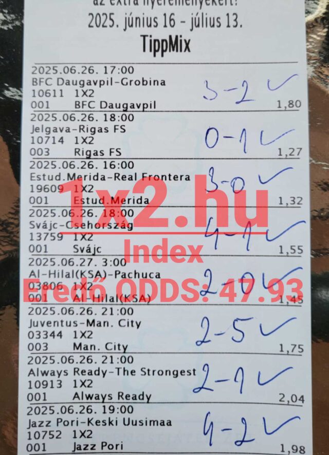 Egy sportfogadási szelvény Tippmix tippekkel, kézzel írott eredményekkel. Megbízható Tippmix tippek keresőknek és sportfogadás iránt érdeklődőknek nyújt segítséget a helyes választáshoz.