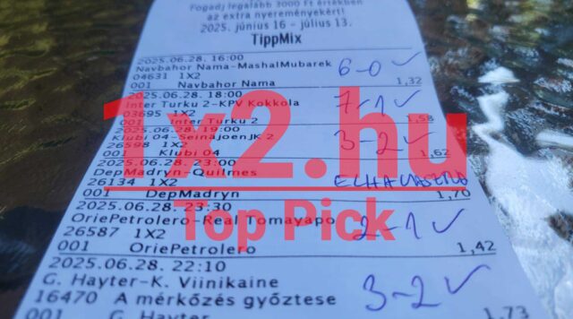 Egy Tippmix szelvény látható, amely sportfogadás tippeket tartalmaz. A fogadók számára ezek a megbízható Tippmix tippek segíthetnek a sikeres sportfogadásban. A szelvényen kézzel írt eredmények is szerepelnek.