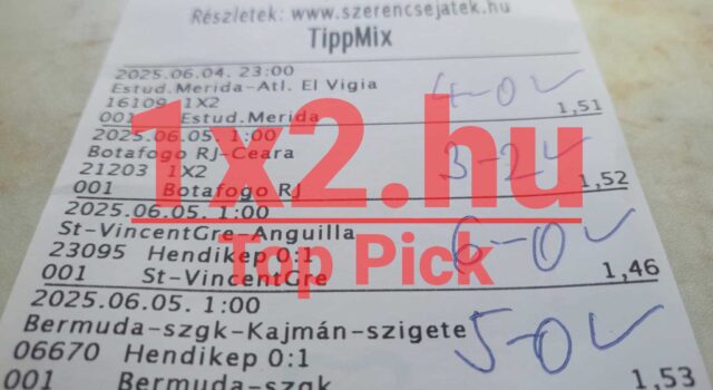 Egy Tippmix szelvény közelről, amelyen kézzel írt eredmények és szorzók láthatóak. Ideális eszköz sportfogadásos stratégiákhoz és ingyenes Tippmix tippek kereséséhez. 1x2.hu logóval.