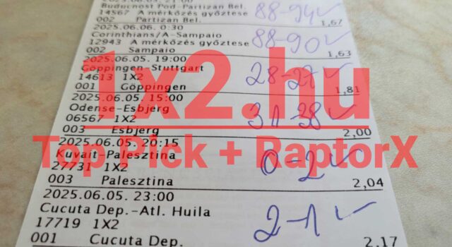 Papíron található Tippmix szelvény, amely sportfogadás eredményeket és tippeket mutat. A képen pirosan kiemelve a 1x2.hu felirat, amely ingyenes Tippmix tippek és sportfogadás tippek forrásaként szolgál.