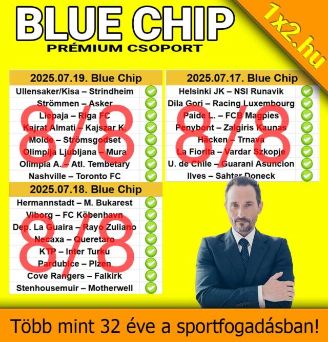 Blue Chip prémium csoport, 2025. július 17-19. közötti tippjei. A sportfogadás mesterei megosztják megbízható Tippmix tippjeiket, hogy mindenki élvezhesse a siker élményét. Több mint három évtized tap
