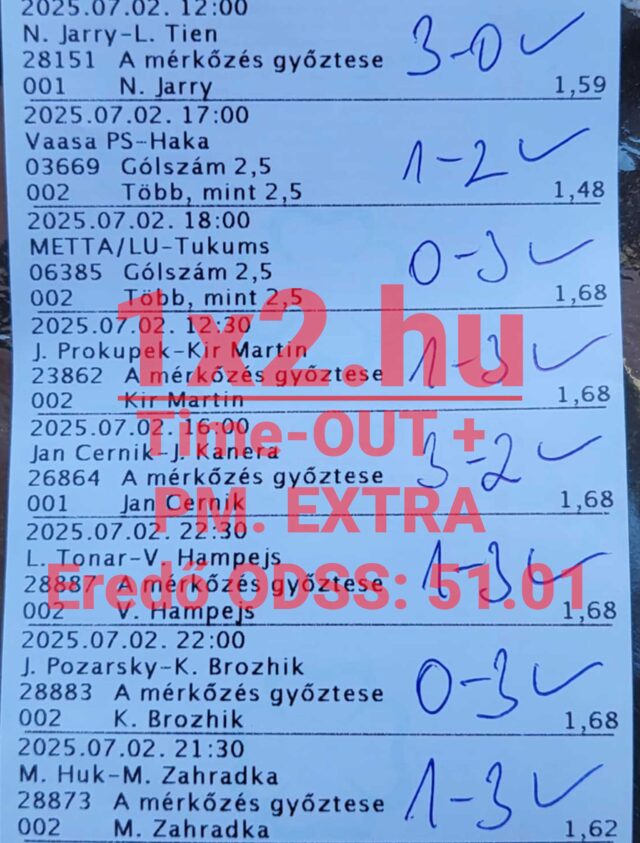 Tippmix szelvény kiemelve különböző mérkőzések eredményeivel. A kézírásos jegyzetek között szerepelnek gyakran keresett Tippmix tippek és sportfogadás tippek, melyek megbízhatóságot sugallnak a sportfogadás világában