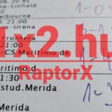 Közelkép egy sportfogadási szelvényről, amelyen Tippmix tippek szerepelnek. A háttérben kiegészítések és jegyzetek látszanak. Az 1x2.hu és RaptorX piros színű kiemelés. Tippjeid okos