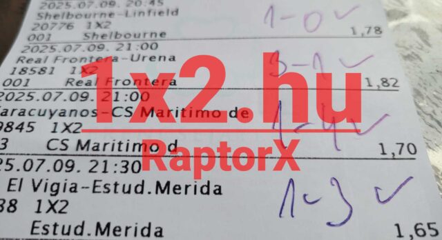 Közelkép egy sportfogadási szelvényről, amelyen Tippmix tippek szerepelnek. A háttérben kiegészítések és jegyzetek látszanak. Az 1x2.hu és RaptorX piros színű kiemelés. Tippjeid okos