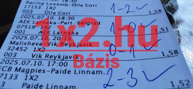 Tippmix szelvény egy asztalon, rajta kézzel írt eredményekkel. Középen egy piros „1x2.hu Bázis” felirat látható. Sportfogadás tippekre és megbízható Tippmix tippekre utalhat.